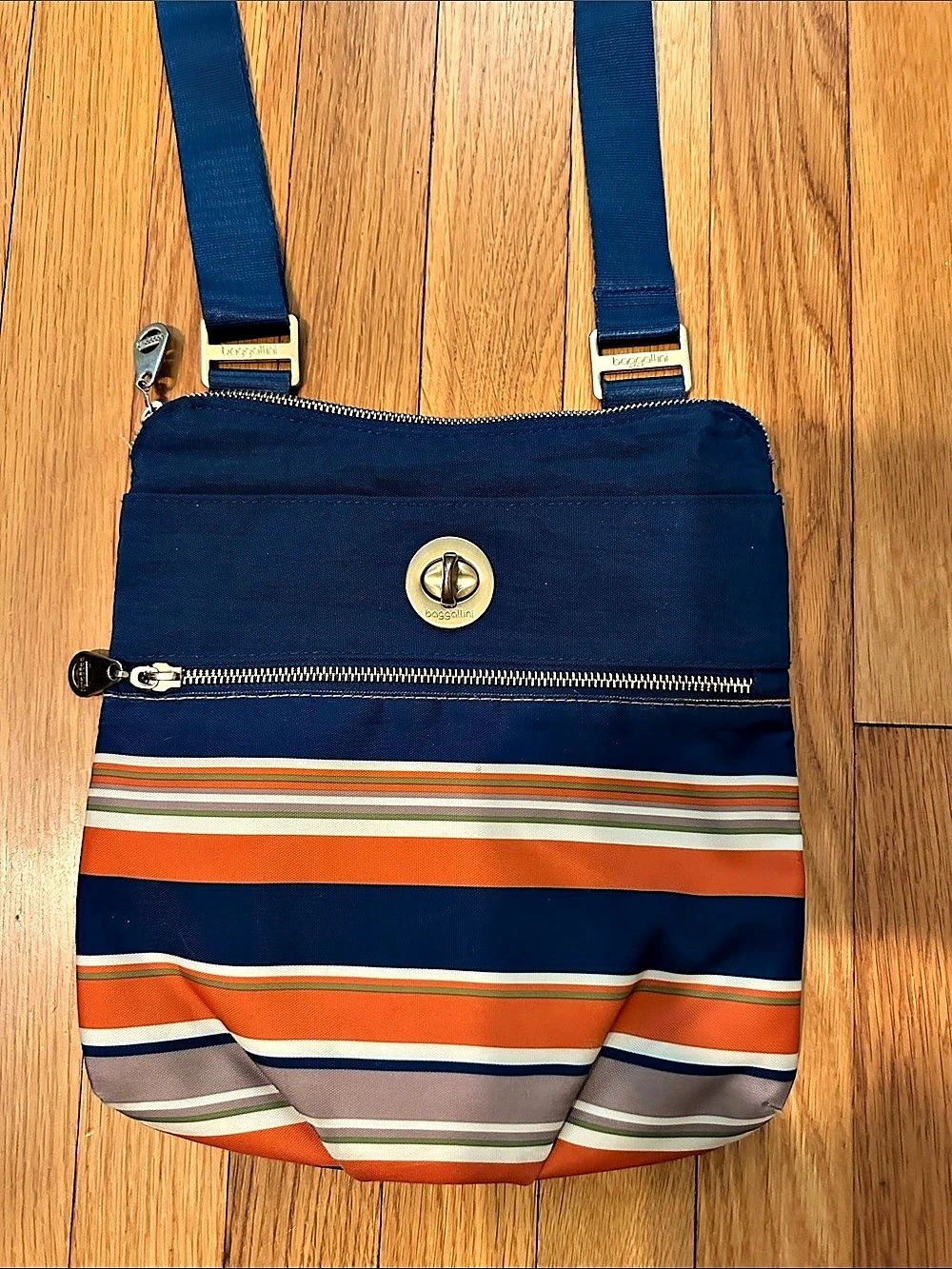 baggalini Striped Crossbody Bag in Blue & Orange